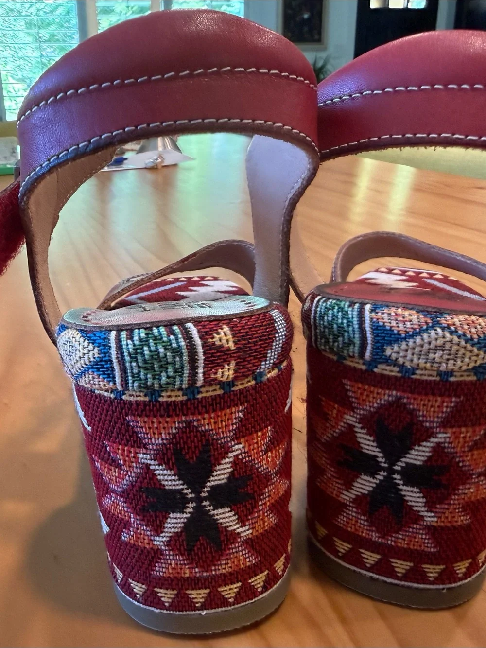 Artisanal Red Patterned Women's Ankle-Strap Sandals by ARTISTE